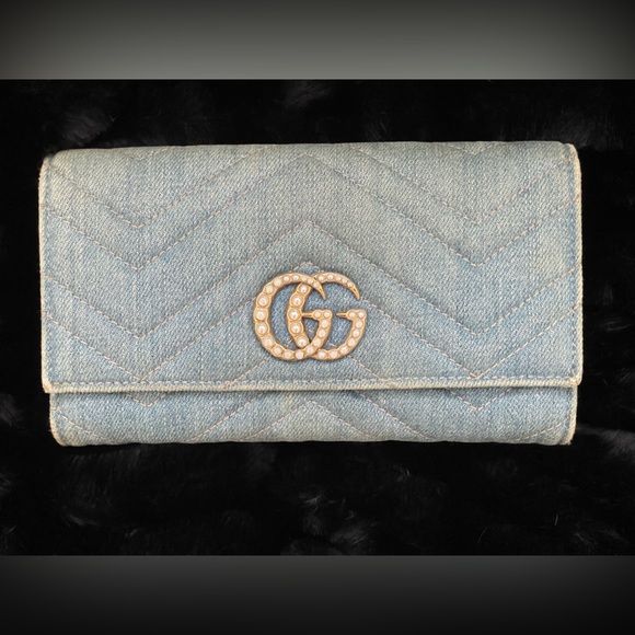 GUCCI Pearl GG Marmont Chevron Quilted Denim Long Wallet (443436.2091) - Picture 2 of 12